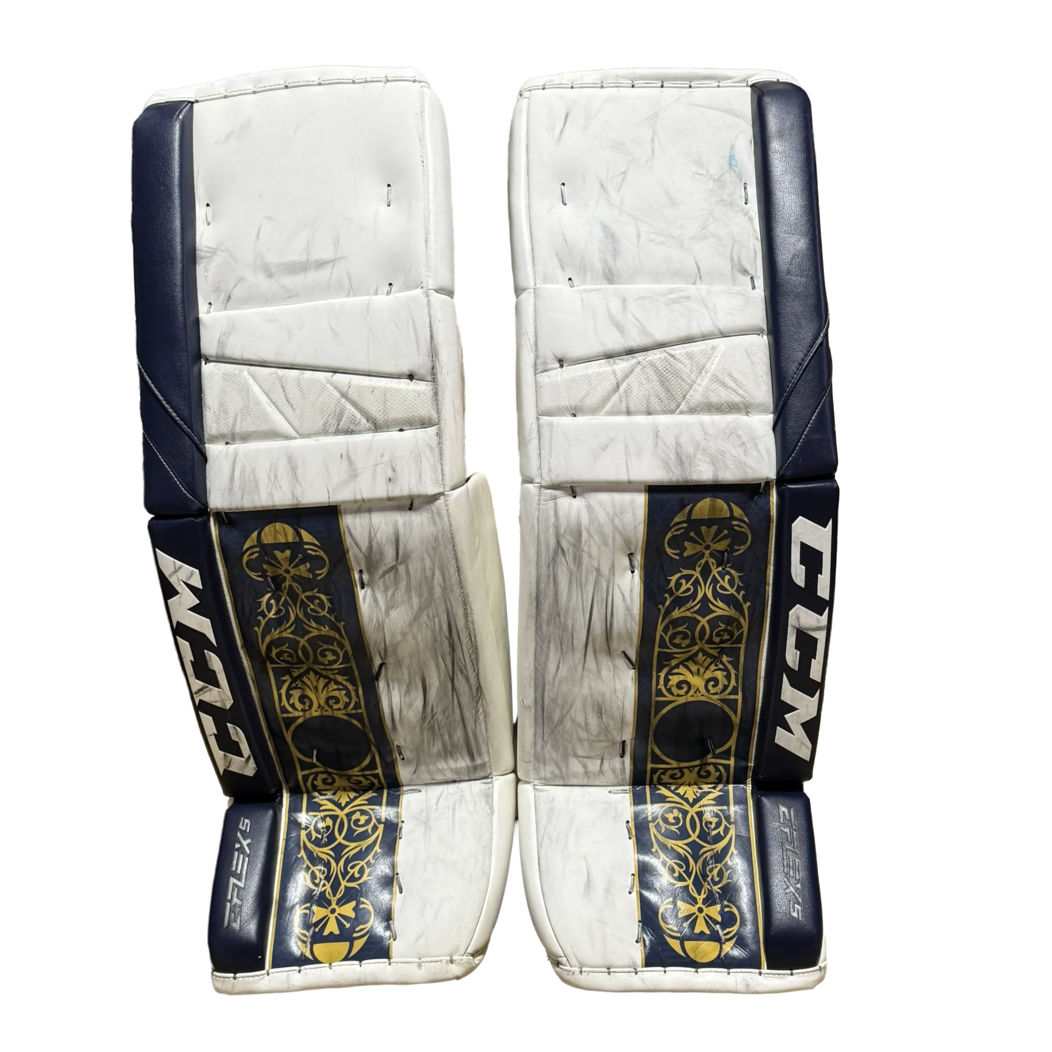 CCM Extreme Flex 5 - Jambières de gardien NCAA Pro Stock d'occasion (blanc/bleu marine/or)